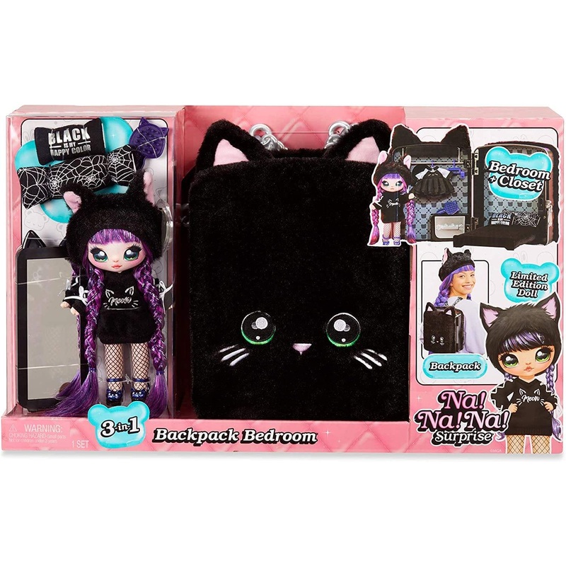 Na! Na! Na! Surprise 3-in-1 Backpack Bedroom Black Kitty Playset Meow Doll