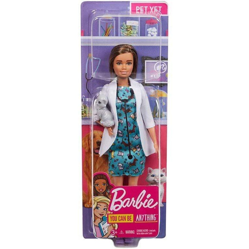 Barbie Pet Vet Doll, Brunette, Wearing Career Pet-print Dress