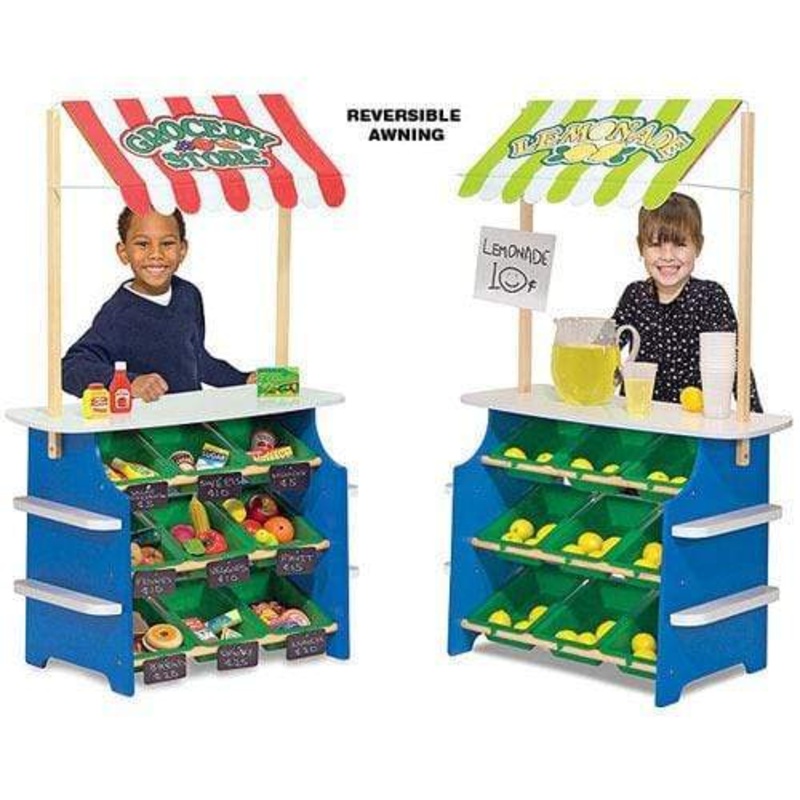 Melissa & Doug Wooden Grocery Store and Lemonade Stand - Reversible Awning, 9 Bins, Chalkboards