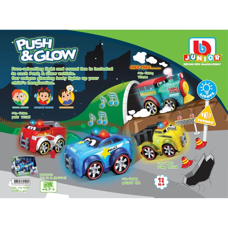 BB Junior - Push & Glow Police Car, Train,  Fire Truck, Dump Truck ( Assorted)