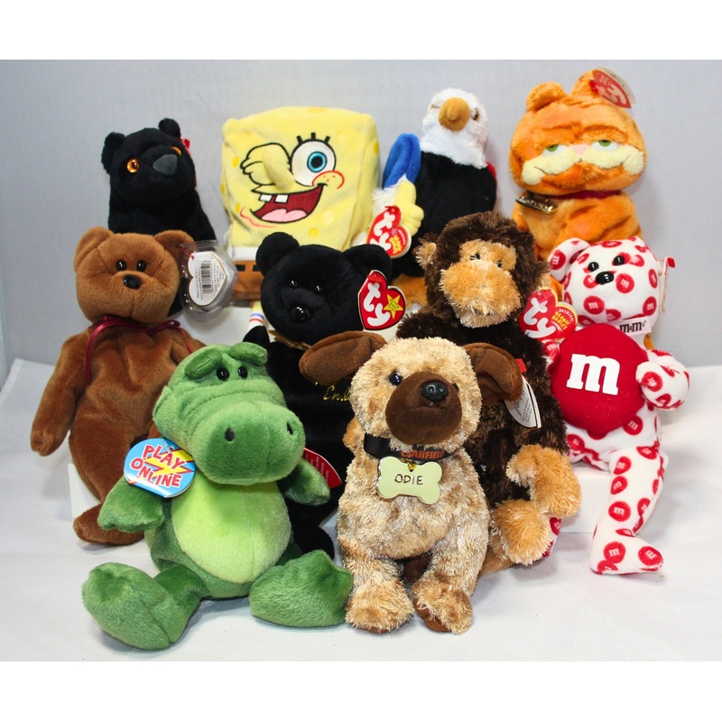 Lot of 10 Beanie Babies | Non-Mint Tags |Garfield, Spongebob, M&M's & More