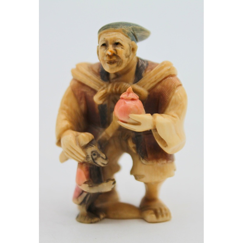 Antique Signed Japanese Netsuke - Man & Monkey